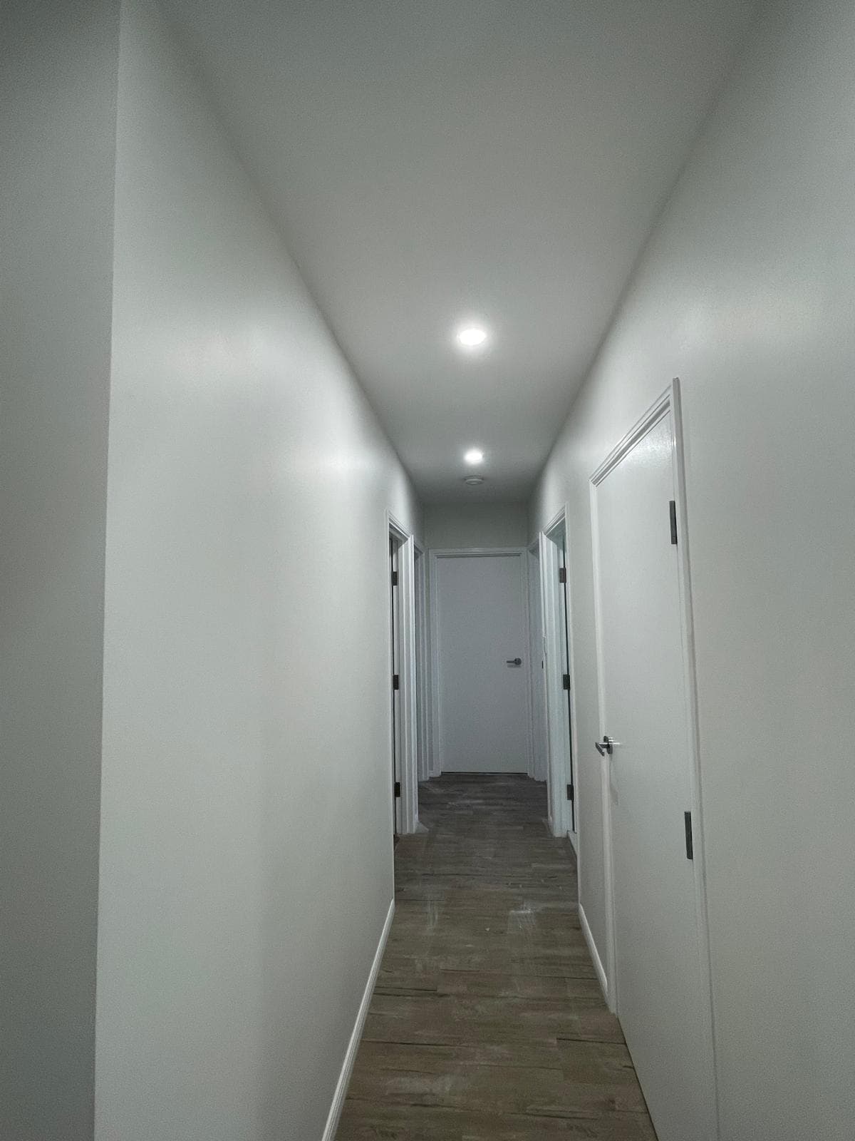 Freshly finished hallway with white doors and trim